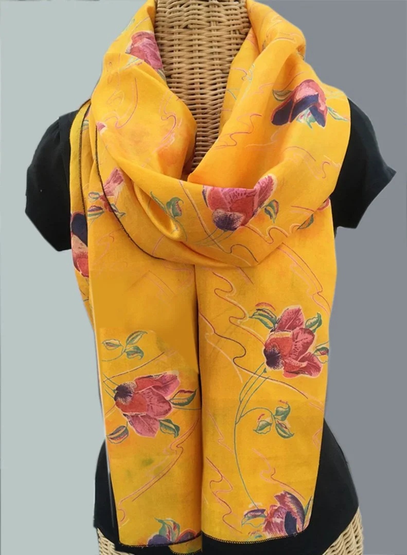 Beige & Multi-Color Stick Drawing Silk Scarf — Lalasilk